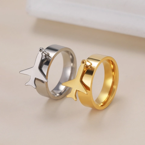 Stainless Steel Airplane Pendant Ring Gold Plated Simple Fashion Novelty Jewelry For Men Women
