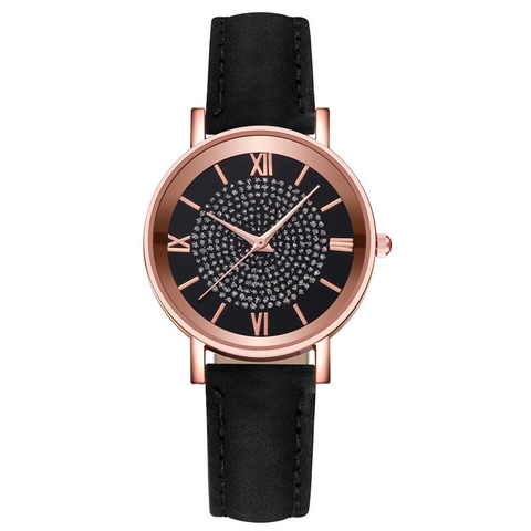 Women's Fashion Starry Sky Rhinestone Quartz Watch Round Alloy Case Roman Numerals Leather Strap Elegant Ladies Wrist Watch Gift