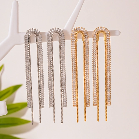 Kupfer N-Förmige Lange Quastenohrringe Elegante Hochwertige Zirkonbesetzte Mit Silbernem Ohrstecker Für Damen