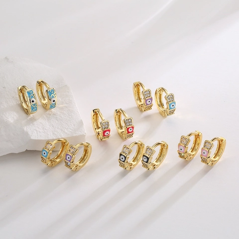 Evil Eye Hoop Earrings Gold Plated Copper Cubic Zirconia Enamel Colorful Retro INS Style For Women