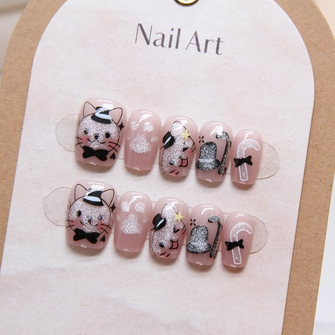 Uñas Postizas Hechas A Mano Purpurina Rosa Patrón De Gato De Dibujos Animados Lindo Lazo Desmontable Mujeres