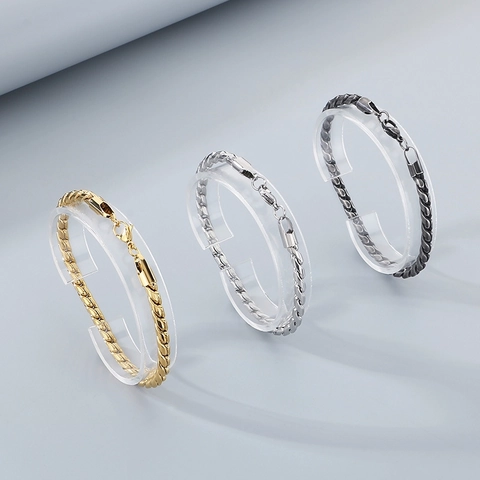 Men Stainless Steel Twisted Rope Chain Bracelet Minimalist Punk Industrial Style 18K Gold Plated Jewelry