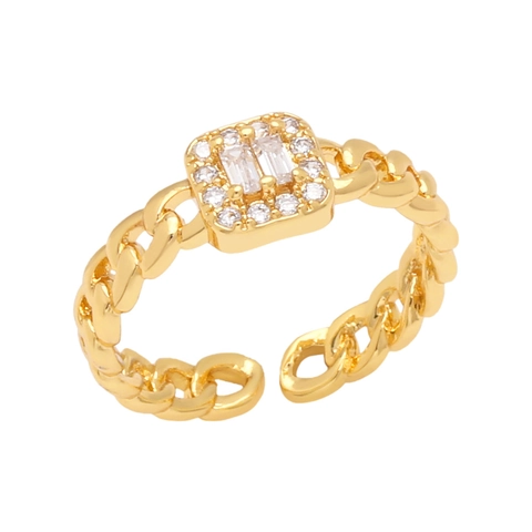 Verstelbare Ring Voor Dames Koper Zirkonia Dubbele Rechthoekige Steen Cuban Link Retro Elegante Statement Sieraden