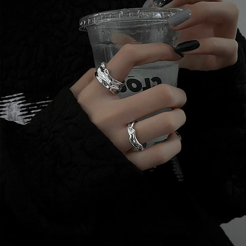 Irregular Geometric Alloy Rings Open Adjustable Liquid Metal Texture Lava Minimalist Jewelry For Women