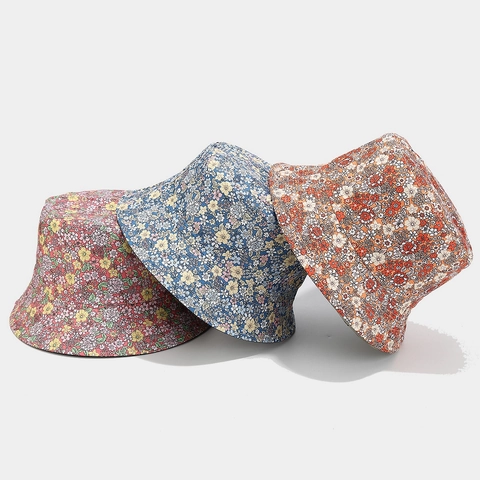 Floral Print Bucket Hat Polyester Reversible Sun Protection Foldable Summer Outdoor Pastoral Style For Women