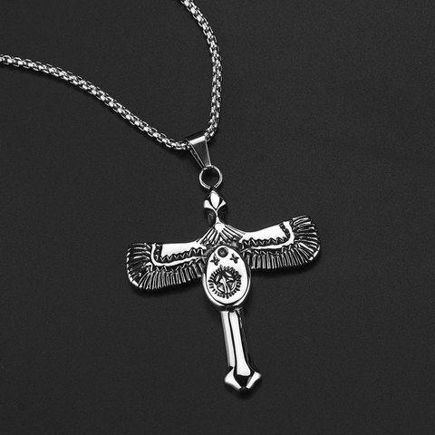 Vintage Winged Ankh Cross Pendant Necklace Stainless Steel Harajuku Style Egyptian Peace Symbol Jewelry For Men Women