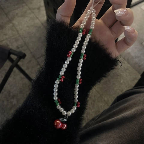 Korean Ins Style Cute Bow Beaded Phone Lanyard Charm With White Artificial Pearl And Red Cherry Pendant Fashion Bag Accessory