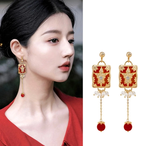 Pendientes Largos De Borla Estilo Palacio Vintage Resina Esmaltada Cuadrada Flores Circonitas Con Poste De Plata De Ley 925