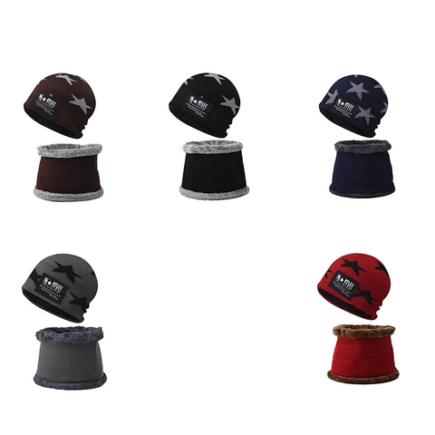 Winter Knitted Beanie Hat And Neck Warmer Fleece Lined Star Jacquard Thermal Windproof Cold Weather Outdoor Accessories