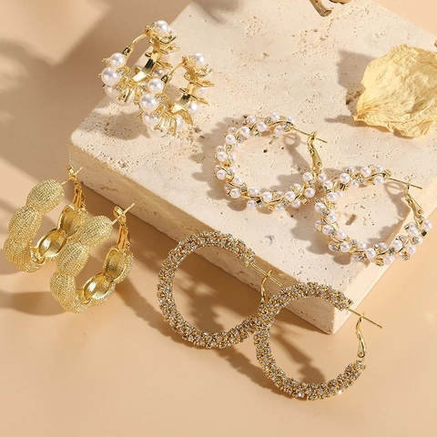 Hoop Ohrringe 14K Vergoldet Kupfer Geometrisch Mit ABS Künstliche Perle Und Zirkon Mode Eleganter Schmuck Für Frauen
