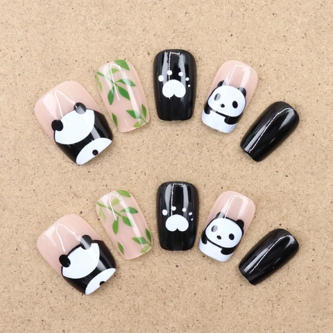 Panda Cartoon Press On Nails ABS Plastic Bamboo Leaf Pattern Cute Sweet Style For Women Artificial Manicure False Nails