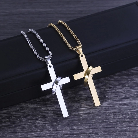 Titanium Staal Kruis Ronde Ring Hanger Halsketting Voor Mannen Minimalistisch Gothisch Gepolijst Sieraden Staal Goud Zwart Religieus Cadeau