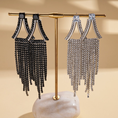 Elegant Geometric Triangle Long Tassel Drop Earrings With Full Rhinestones And Silver Earring Post For Women Fashion