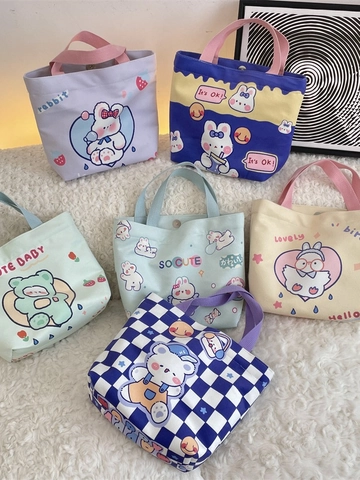 Bolso De Lona Con Estampado De Animales De Dibujos Animados Kawaii Patrón De Conejo Oso Tote Bag Con Hebilla Magnética