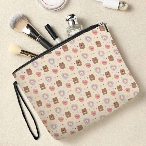 Cute Cartoon Bear Cat Print Makeup Bag Polyester Linen Canvas Zipper Toiletry Bag With Handle For Women Girls