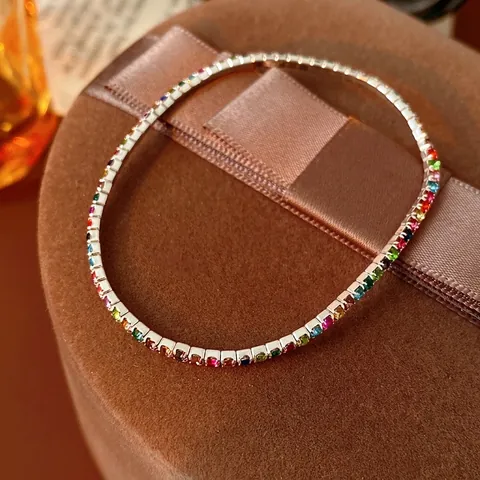 Regenbogen Tennis Armband Kupfer Bunte Rhinestone Elastisch Dünn Luxus Zierlich Minimalistisch Schmuck Für Frauen