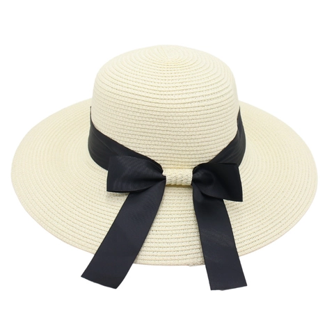 French Elegant Women Girls Straw Sun Hat With Large Black Ribbon Bow Wide Brim Breathable Summer Beach Vacation Accessory