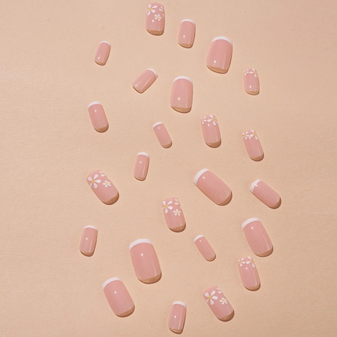 Punte Francesi Bianche Base Rosa Motivo Piccole Margherite Stile Impermeabili Rimovibili Unghie Con Colla E Lima