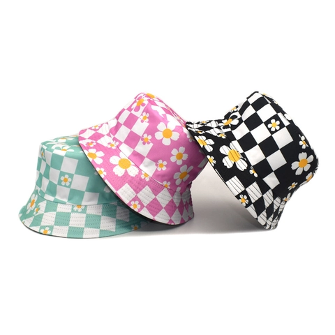 Checkerboard Daisy Print Reversible Bucket Hat Polyester Wide Brim Sun Protection Summer Outdoor Fisherman Hat For Women