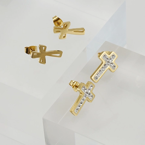 Cross Stud Earrings 18K Gold Plated Stainless Steel Sparkling Zircon Trendy Minimalist Western Style Jewelry For Women