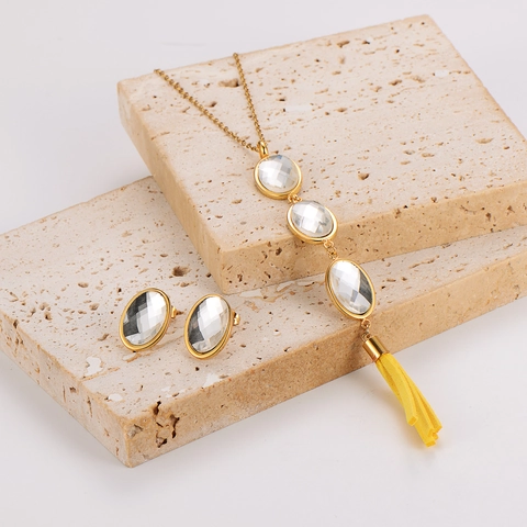 Set Gioielli Acciaio Inossidabile Placcato Oro Pendente Vetro Trasparente Ovale Collana Nappa Gialla Orecchini Per Donne Minimalista