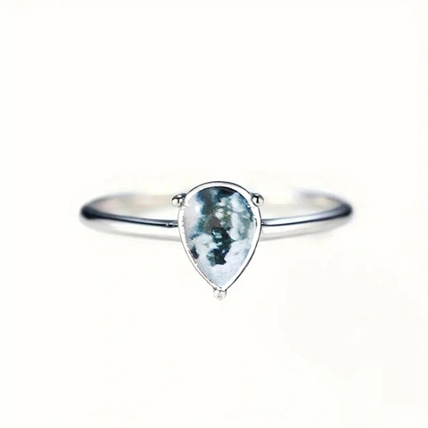 Vintage Teardrop Copper Ring With Pear Shaped Moss Agate Texture Elegant Retro Style Jewelry For Women White Gold Color