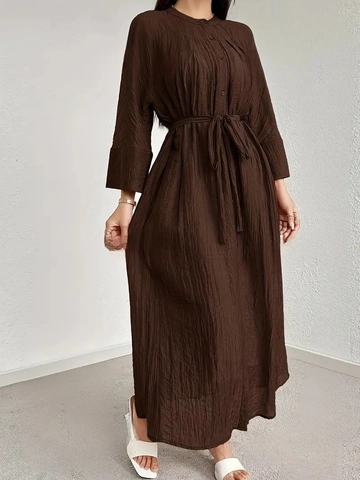 Elegante Geplooide Maxi Jurk Lange Mouwen V Hals Opstaande Kraag Knoopsluiting Crinkle Textuur Hoge Taille A Lijn Casual