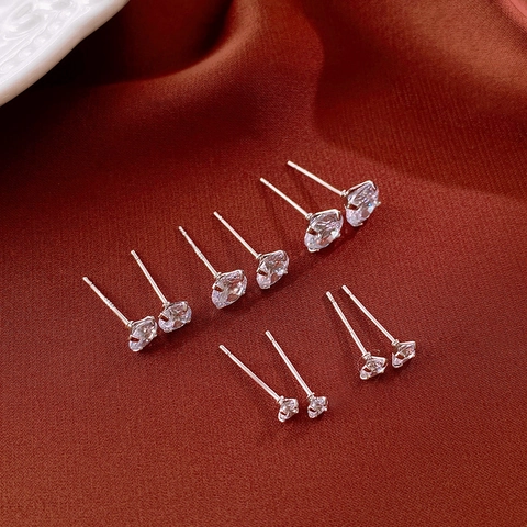 Minimalist Round Zircon Stud Earrings With 925 Sterling Silver Earring Post Copper Prong Setting Solitaire Jewelry Women