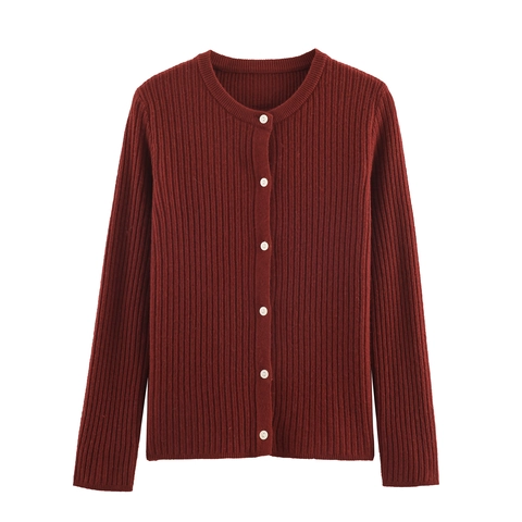 Cardigan En Tricot Côtelé Pour Femmes Pull Col Rond Manches Longues Boutonné Coupe Ajustée Haut Uni