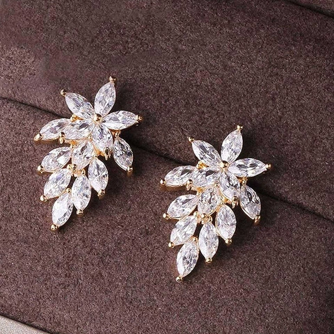 Marquise Zircon Copper Earrings Elegant Flower Leaf Cluster Sparkling Wedding Party Jewelry Accessories For Women