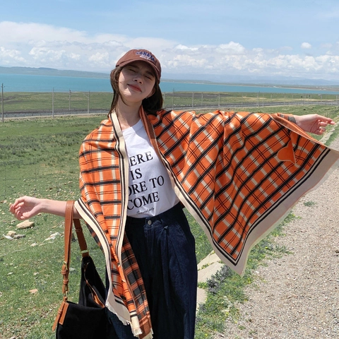 Women Winter Warm Plaid Scarf Tassel Heart Embroidery Long Shawl Soft Fashion Casual Daily Neck Scarf