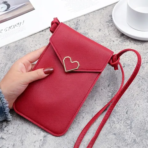 Women Crossbody Phone Bag PU Leather Touch Screen Window Multi Slot Wallet Heart Buckle Simple Casual Mini Shoulder Bag