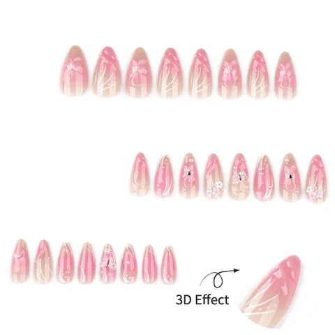 Press On Nails Mit 3D Blume Schmetterling Künstliche Perle Strass Pink Gradient Blush Französischer Stil Süßes Maniküre Zubehör