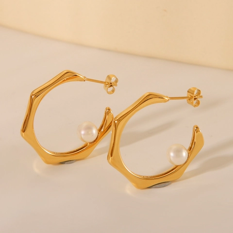 Orecchini A Forma Di C Acciaio Inossidabile Placcato Oro 18K Con Perla Artificial Sintetica Geometrico Esagonale Moderno Moda