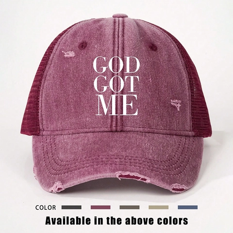God Got Me Letter Print Trucker Hat Vintage Distressed Gewassen Honkbalpet Ademend Mesh Zonbescherming Verstelbaar