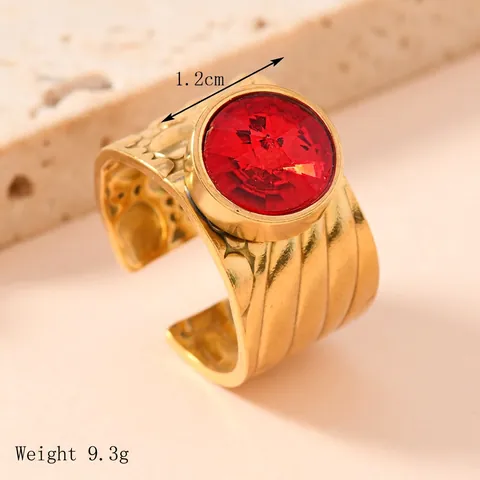 Bague Ouverte de Luxe en Acier Inoxydable Style Palais pour Femmes Plaqué Or Texture Martelée Strass Rond Bague Réglable