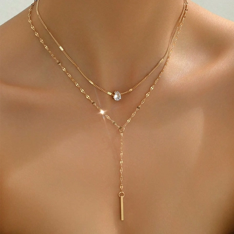 Double Layer Y-Pendant Necklace For Women Gold Plated Alloy Rhinestone Teardrop Bar Chain Fashion Jewelry Daily Party Gift
