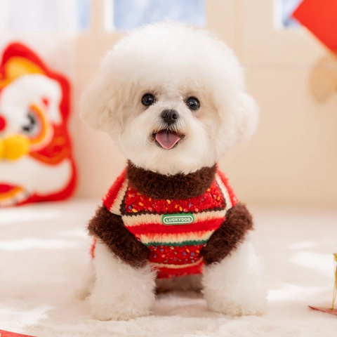 Pull Tricoté Pour Chien Et Chat Rayé Points Colorés Chaud Hiver Vêtement Festif Avec Bordure En Fausse Fourrure Chiot