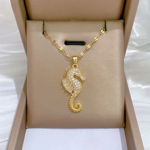 Collana Con Ciondolo A Cavalluccio Marino Placcato Oro Catena In Acciaio Inossidabile Rame Micro Pavè Zircone