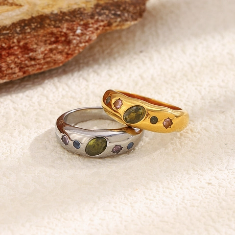 Vintage Geometric Dome Ring Stainless Steel 18K Gold Plated Colorful Zircon Inlay Chic Jewelry Accessory For Women