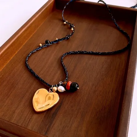 Retro Heart Pendant Necklace With Freshwater Pearl Rhodochrosite Beads Handmade Woven Rope For Women