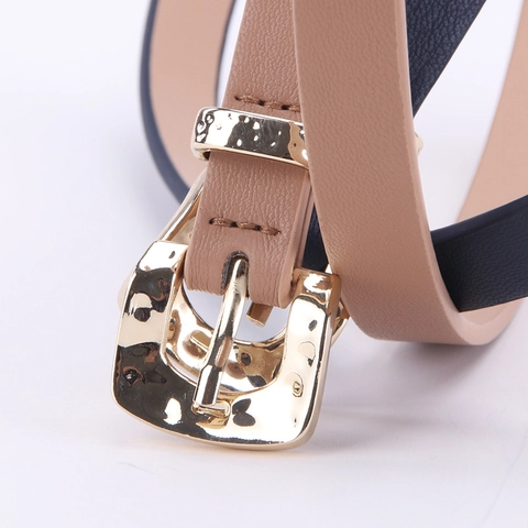 Dames Smalle Riem PU-Leer Elegante Tailleband Voor Jurken Jeans Modieuze Gehamerde Gouden Legering Doorngesp Minimalistisch