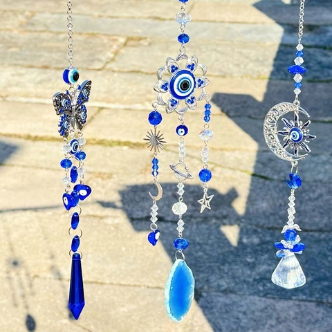 Blue Evil Eye Crystal Suncatcher Hanging Ornament Butterfly Moon Sun Metal Glass Prism For Window Garden Decor
