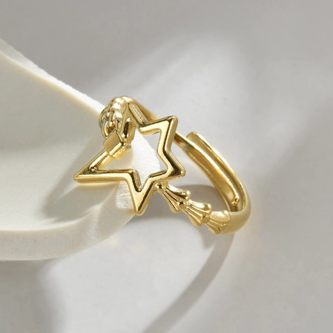 Open Ring Met Holle Ster 14K Verguld Roestvrij Staal Onregelmatig Geometrisch Verstelbaar Vingerjuweel Voor Dames