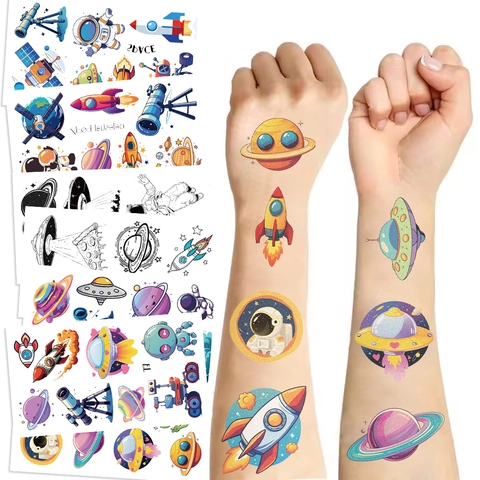 Space Astronaut Temporary Tattoo Stickers Waterproof Cartoon Rocket Planet UFO Party Favors For Kids Boys Girls