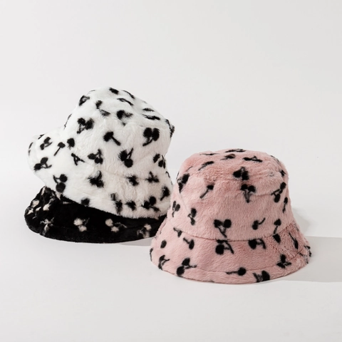 Faux Fur Bucket Hat Cherry Print Plush Warm Winter Windproof Outdoor Sweet Style For Women