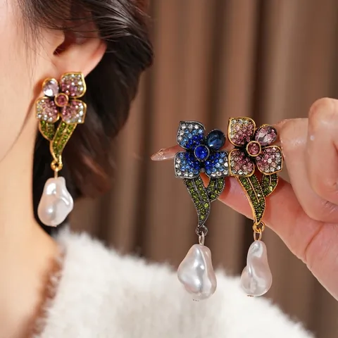 Orecchini Pendenti A Fiore Vintage Con Strass Künstliche Perle Barocche Imitazione E Perno In Argento Per Donna