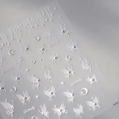 Pegatinas Para Uñas Mariposa Relieve 5D Autoadhesivas Elegante Luna Estrella Perla Artificial Blanca Calcomanías Manicura