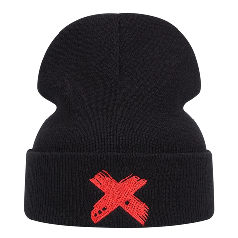 Knitted Beanie Hat With Red X Embroidery Ribbed Cuff Warm Winter Acrylic Cotton Streetwear Casual Headwear