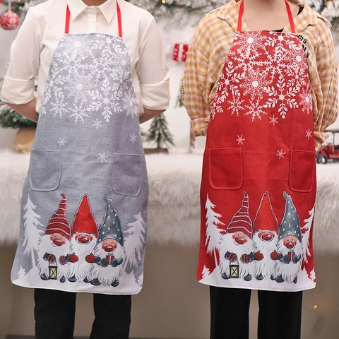 Delantal De Navidad Gnomo Tela Lino Con Bolsillos Estampado Copos De Nieve Para Decoración Cocina Fiesta